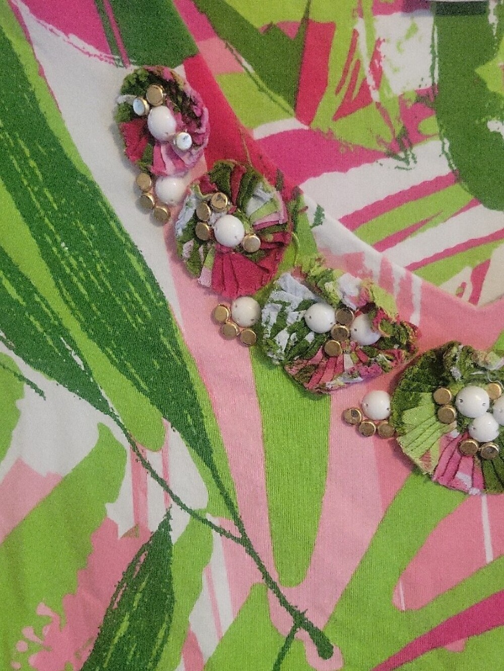Ruby Rd szSm Pink & Green Palm-Print Jewel Lined Vneck Cotton Neck Tunic Top - Picture 4 of 5